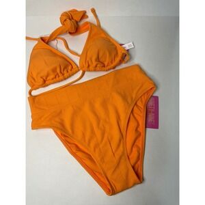 NINETY-NINE‎ Orange Ribbed Triangle Bikini Swimsuit Set Women's Small NWT